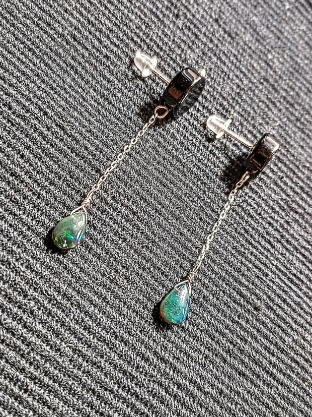 Cercei argint opal de foc etiopian negru onix negru tija lant argint minimalisti boho chic trendy - Transport gratuit
