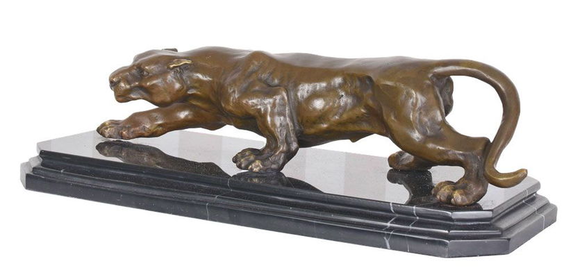 Leopard-statueta Art Deco din bronz cu soclu din marmura