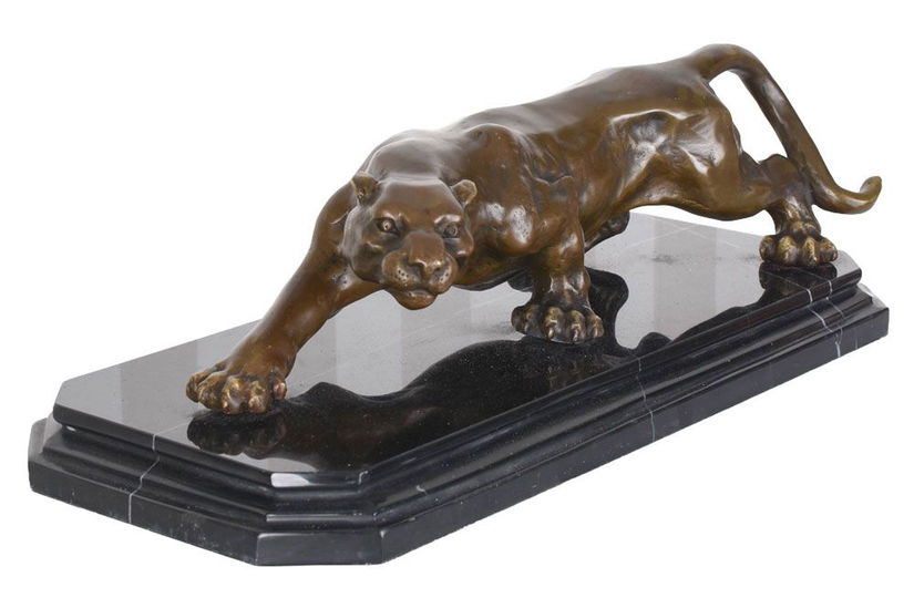 Leopard-statueta Art Deco din bronz cu soclu din marmura