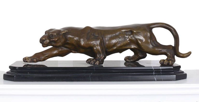 Leopard-statueta Art Deco din bronz cu soclu din marmura