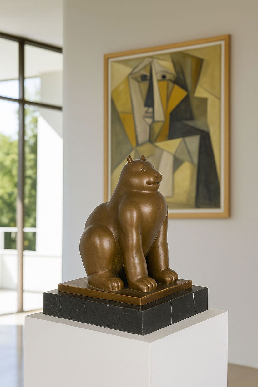 Pisica dolofana-statueta din bronz cu soclu din marmura