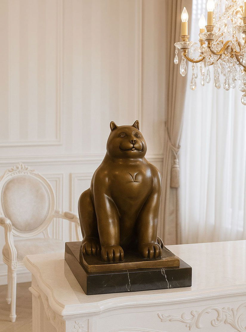 Pisica dolofana-statueta din bronz cu soclu din marmura