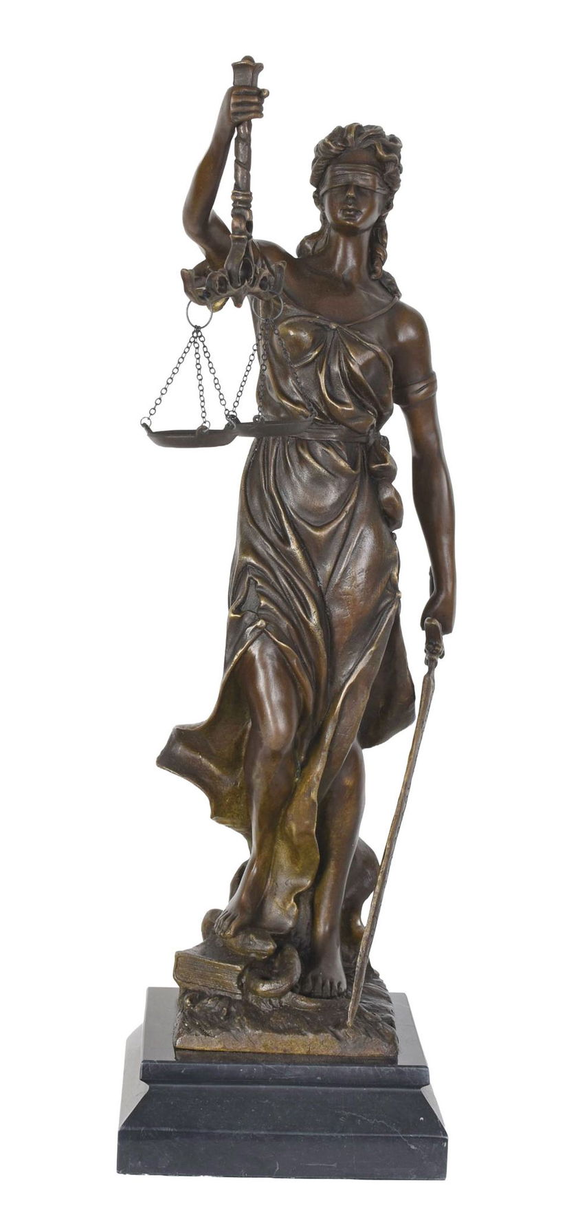 Justitia-statueta Art Nouveau din bronz cu un soclu din marmura