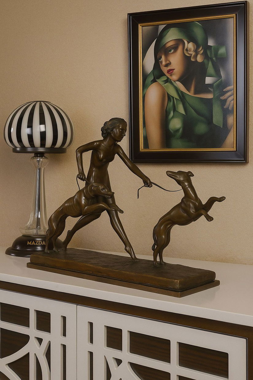 Zeita Diana cu ogarii-statueta din bronz cu soclu din marmura