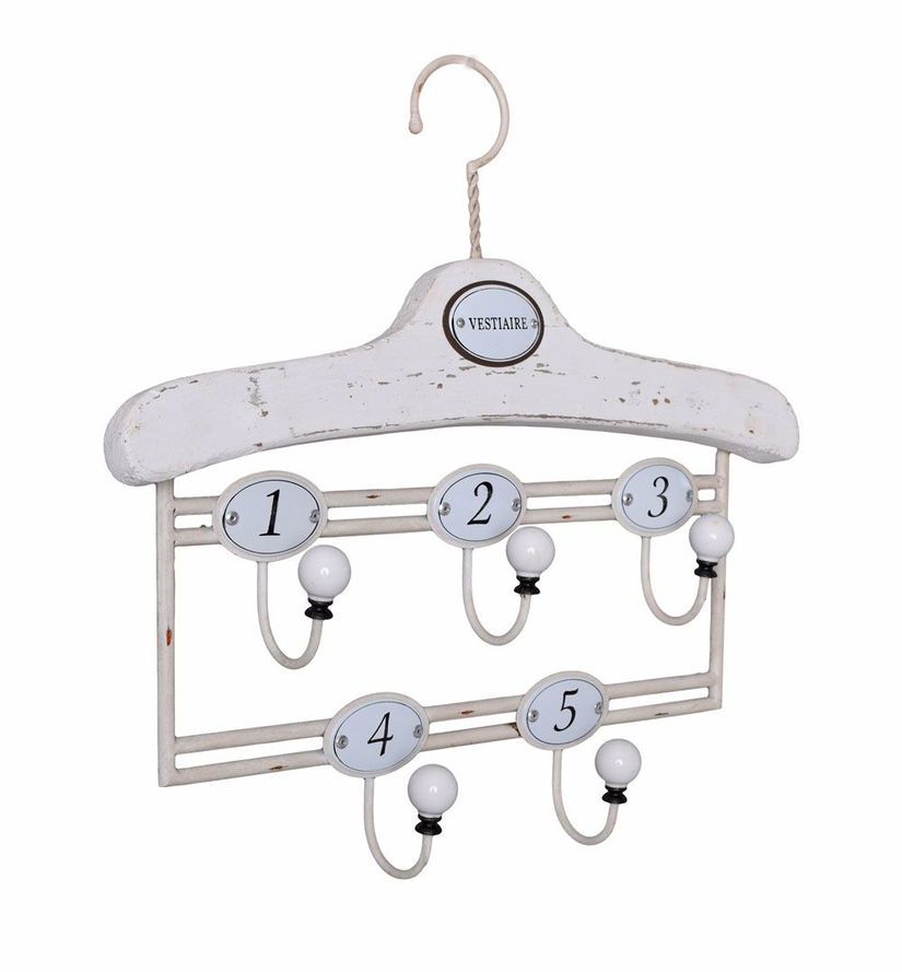 Cuieras Shabby Chic din lemn masiv alb cu cinci agatatori