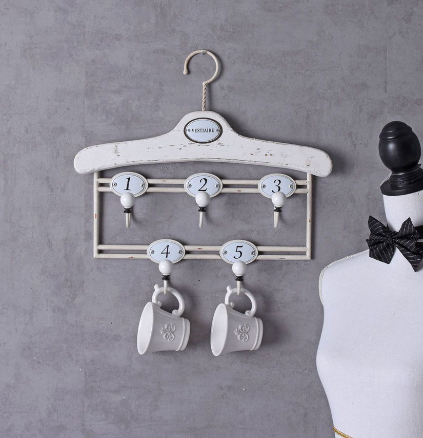 Cuieras Shabby Chic din lemn masiv alb cu cinci agatatori