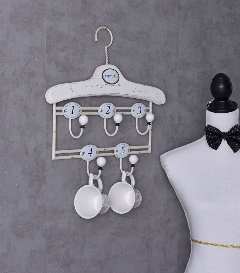 Cuieras Shabby Chic din lemn masiv alb cu cinci agatatori