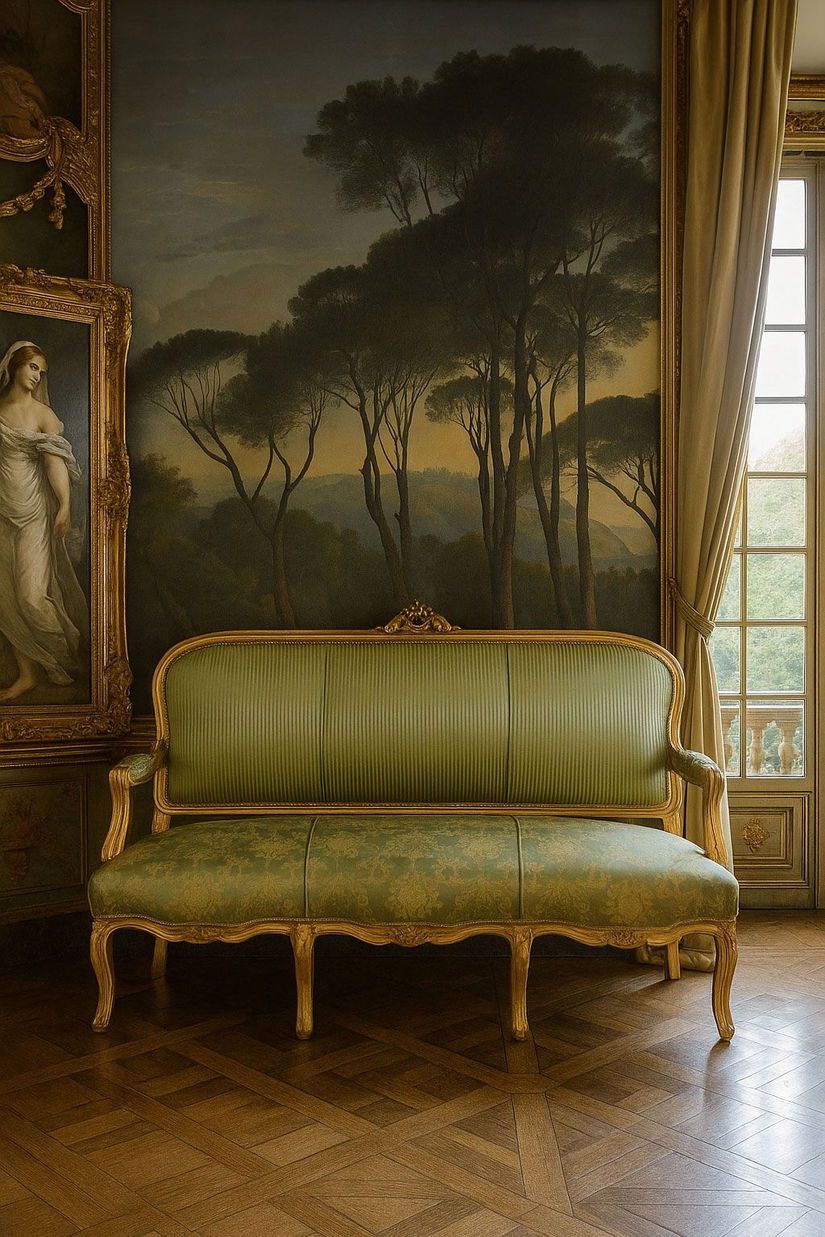 Sofa baroc Marie Antoinette din lemn masiv auriu