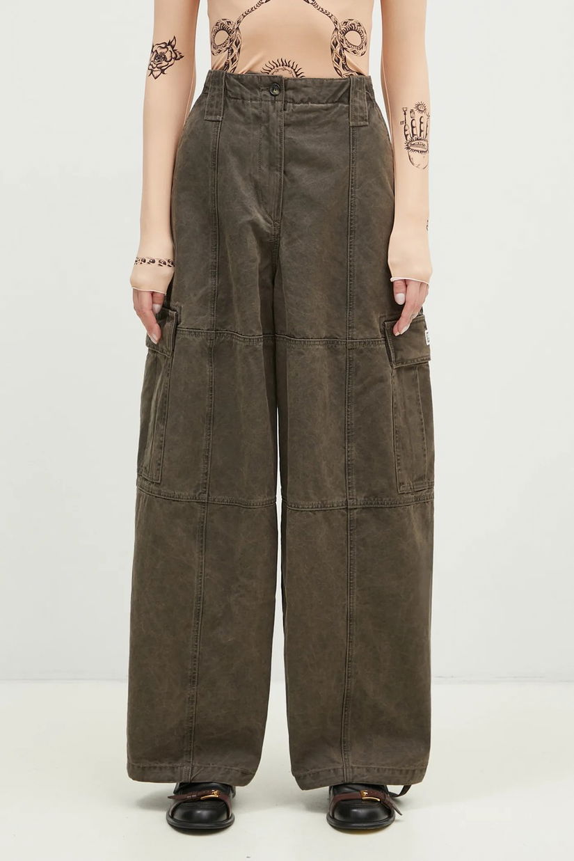 Kenzo pantaloni de bumbac Dyed Canvas Cargo Pants culoarea maro, lat, high waist, FE62PA0909GK.92