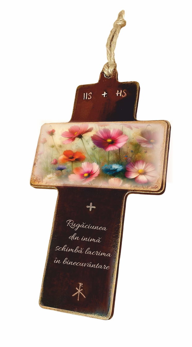 Cruce decorativa din mdf decorata manual, model flori de camp, cu mesaj religios, Mixartstudiobym