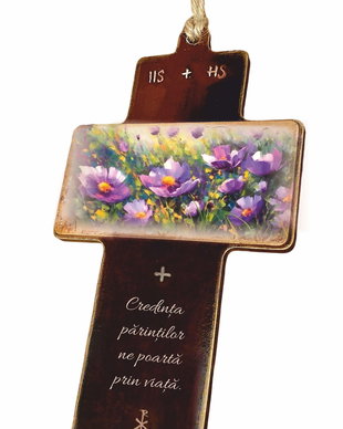 Cruce decorativa din mdf decorata manual, model flori de camp, cu mesaj religios pentru parinti, Mixartstudiobym