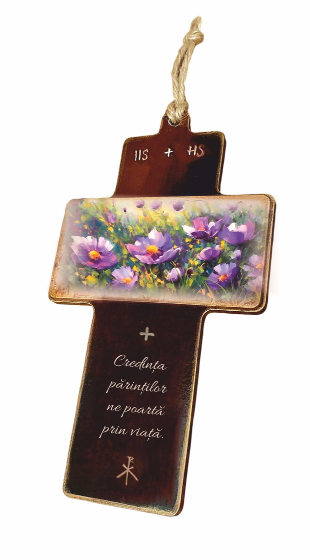 Cruce decorativa din mdf decorata manual, model flori de camp, cu mesaj religios pentru parinti, Mixartstudiobym