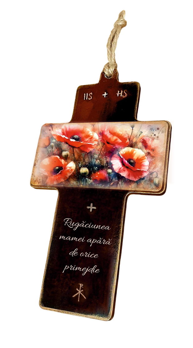 Cruce decorativa din mdf decorata manual, model flori de camp, cu mesaj religios pentru mama , Mixartstudiobym