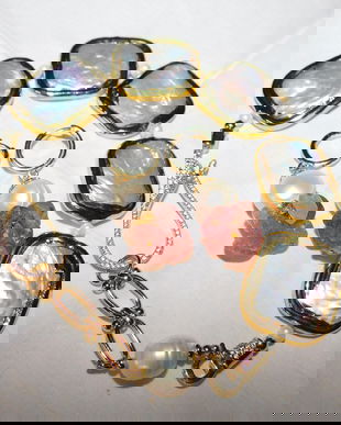 Bratara masiva , spectaculoasa, sidef , placare aur , cercei noi perle , pepite cuart roz, absolut deosebite ambele