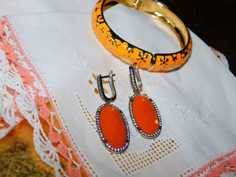 Cercei noi argint 925 , piatra mare carneol, naturala,  bratara asortata  cadou