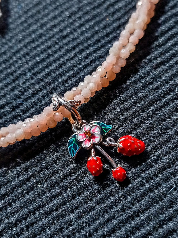 Colier argint X3 cuart rose charm argint emailat capsuni minimalist boho chic trendy