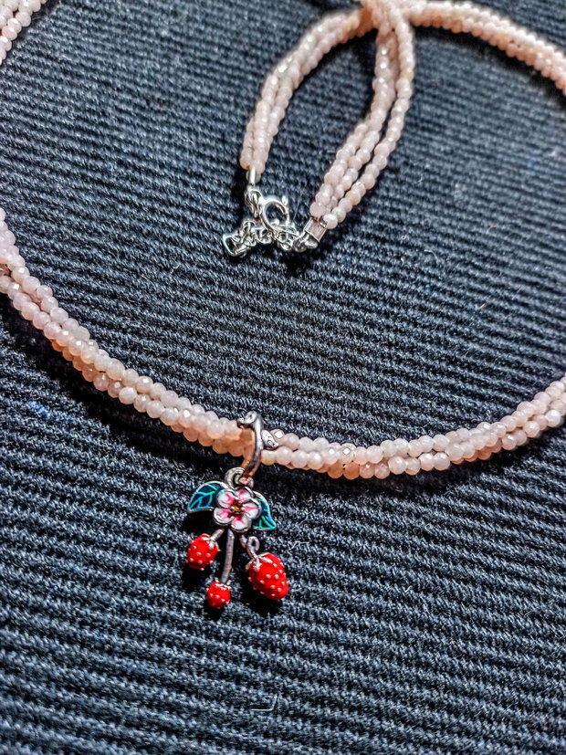 Colier argint X3 cuart rose charm argint emailat capsuni minimalist boho chic trendy