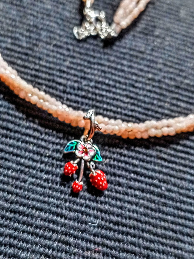 Colier argint X3 cuart rose charm argint emailat capsuni minimalist boho chic trendy