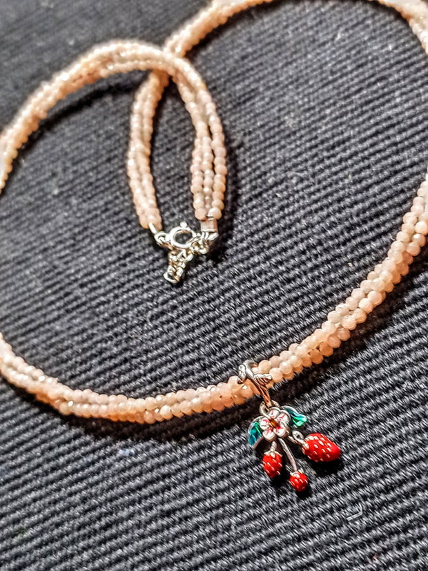 Colier argint X3 cuart rose charm argint emailat capsuni minimalist boho chic trendy