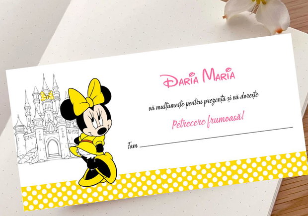 Plicuri bani botez fetițe Minnie mouse în rochiță galbenă