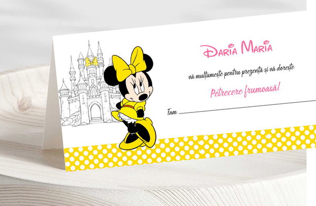 Plicuri bani botez fetițe Minnie mouse în rochiță galbenă