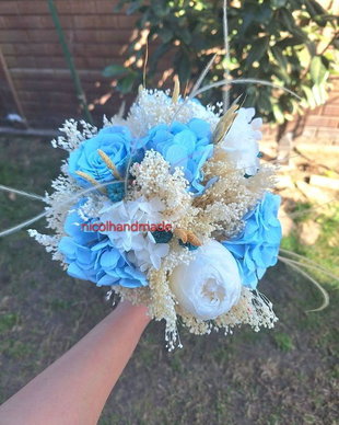Buchet mireasa alb / albastru