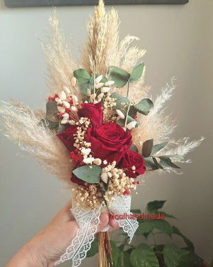 Buchet mireasa trandafiri roșii / pampas / eucalipt