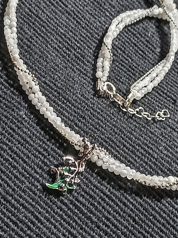 Colier argint X3 piatra lunii lant cu bile charm margaritar argint minimalist boho chic trendy - Transport gratuit