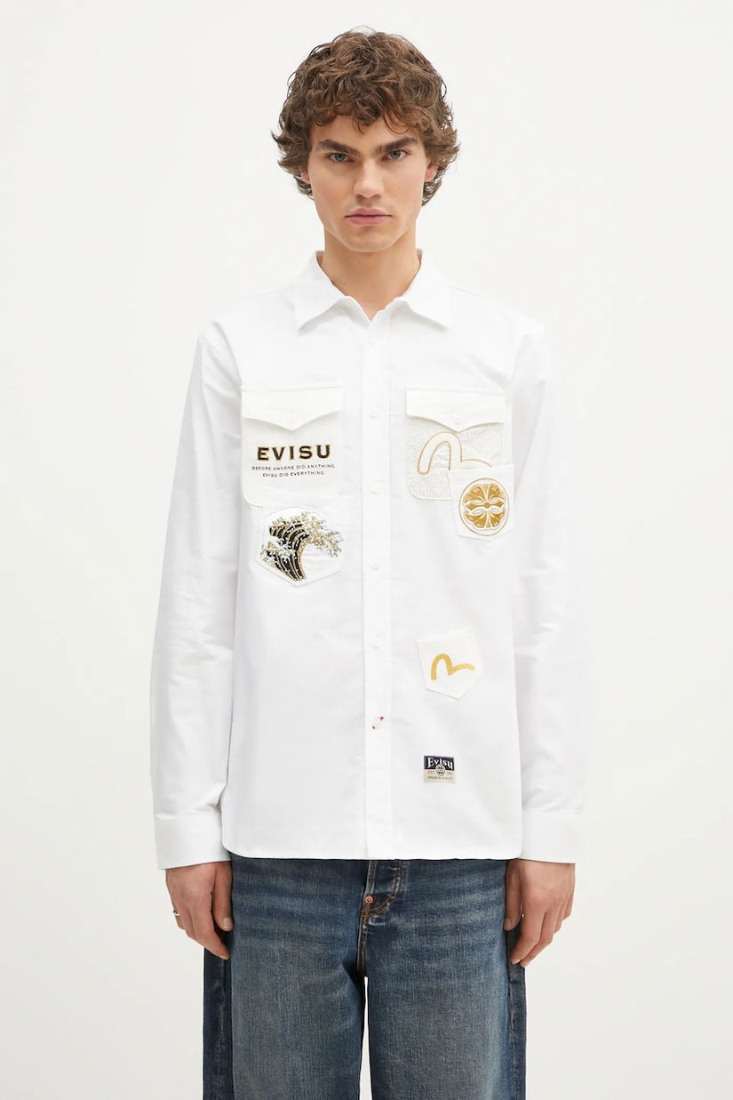 Evisu cămașă din bumbac Evisu Logos & Wave Emb bărbați, culoarea alb, cu guler clasic, regular, 2EAHTM4SL7040