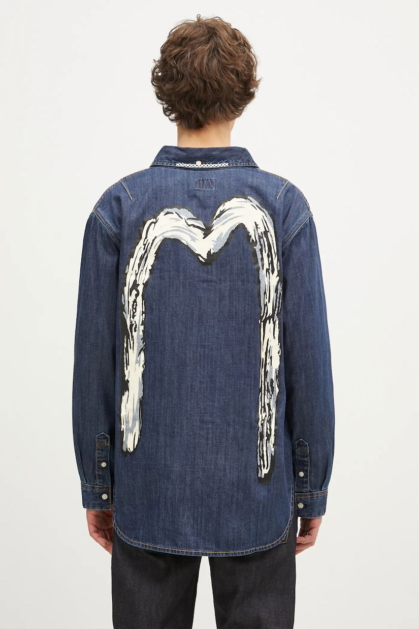 Evisu cămașă din denim Daicock Printed bărbați, culoarea bleumarin, cu guler clasic, regular fit, 2EAHTM4DL1031
