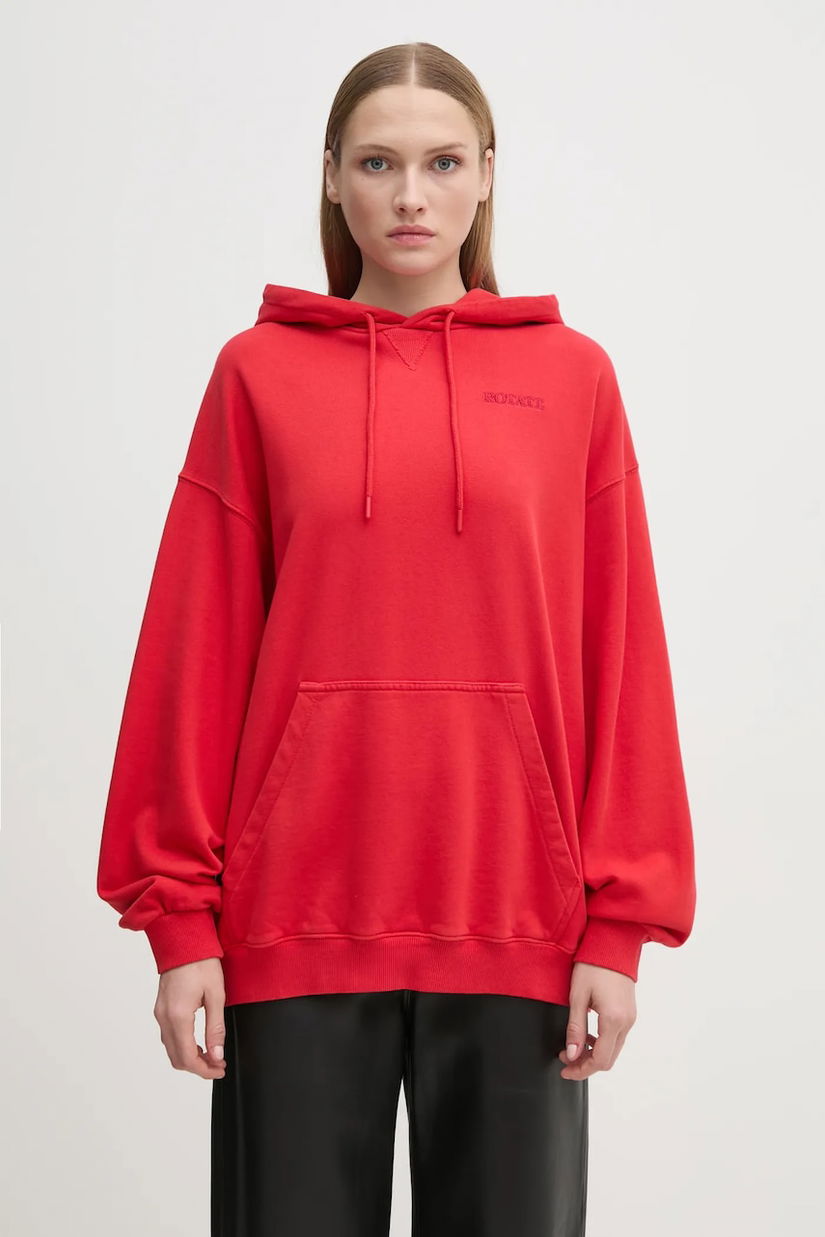 Rotate hanorac de bumbac Sweat Hoodie femei, culoarea roșu, cu glugă, uni, 1124731292