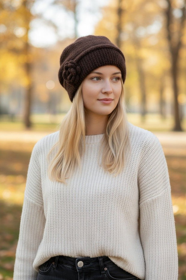 Beretă tricotată manual din mohair Visone eleganță și rafinament italian