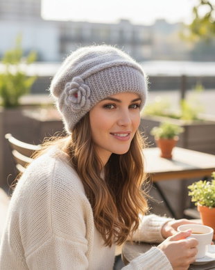 Beretă tricotată manual din mohair Visone  eleganță și rafinament italian