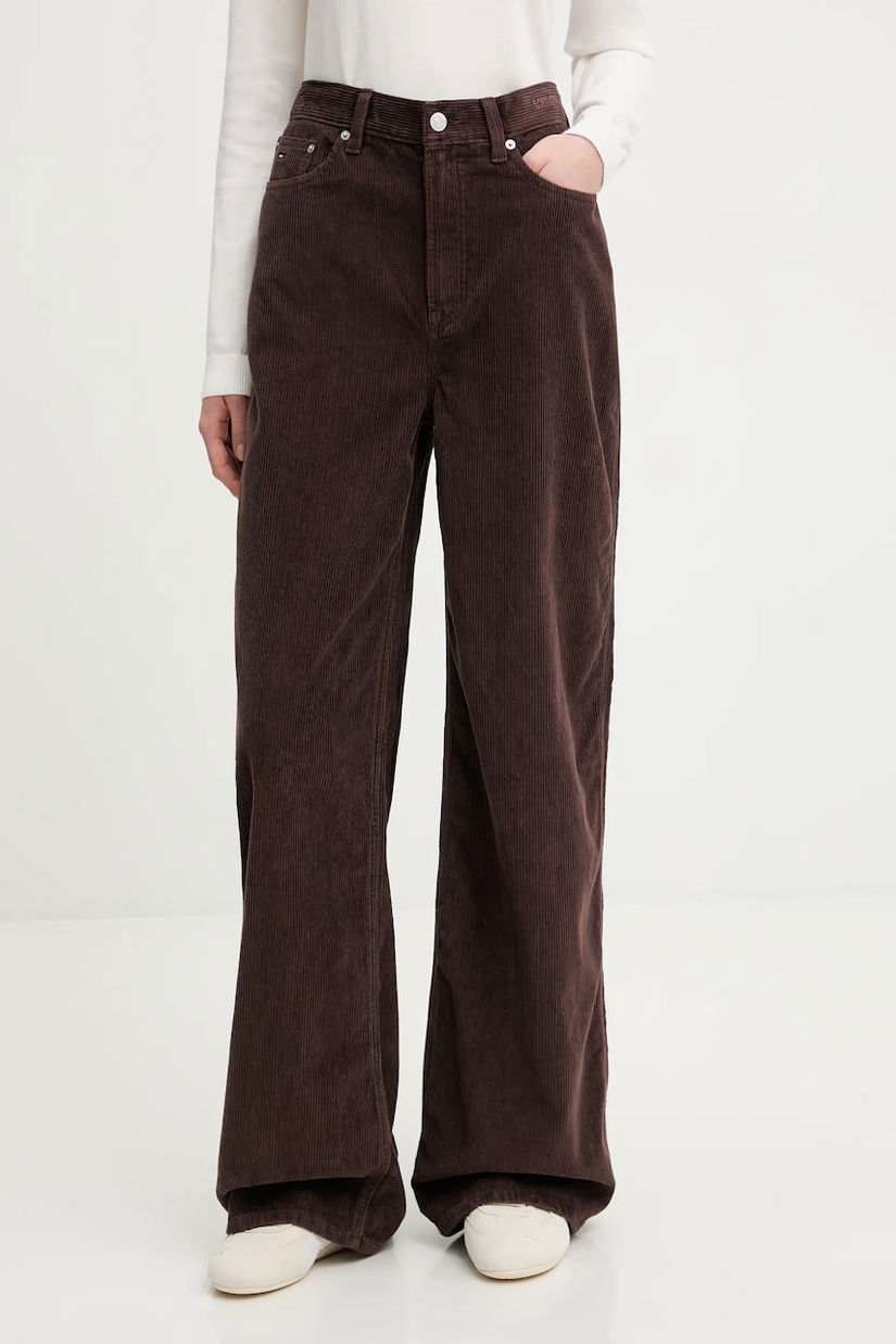 Tommy Jeans pantaloni de catifea cord culoarea maro, evazați, high waist, DW0DW21700