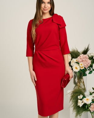 Rochie eleganta din stofa rosie cu funda maxi pe umar si fronseu in talie