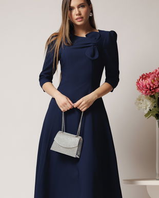 Rochie office din stofa bleumarin cu funda la bust