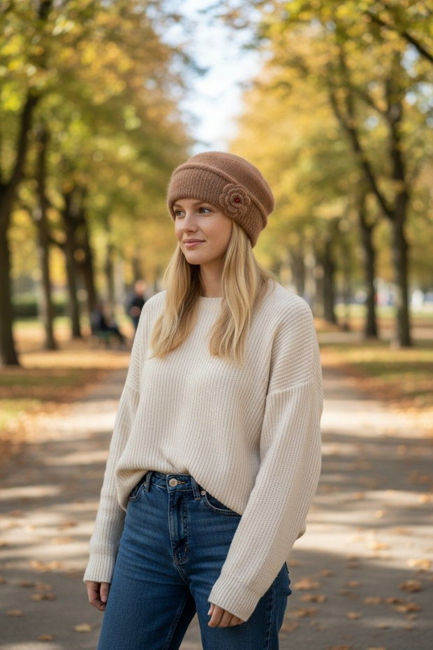 Beretă tricotată manual din mohair Visone eleganță și rafinament italian