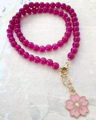 Colier jad ciclam & floare roz