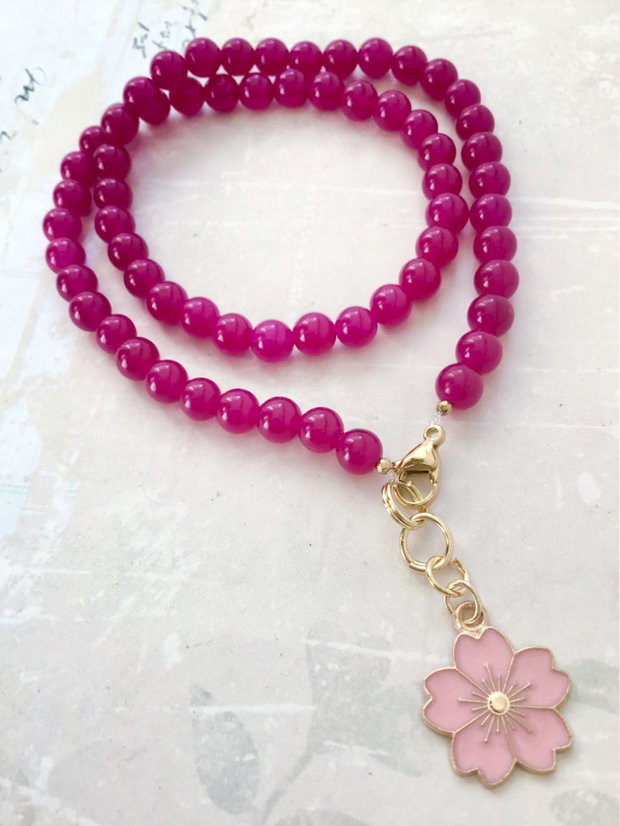 Colier jad ciclam & floare roz