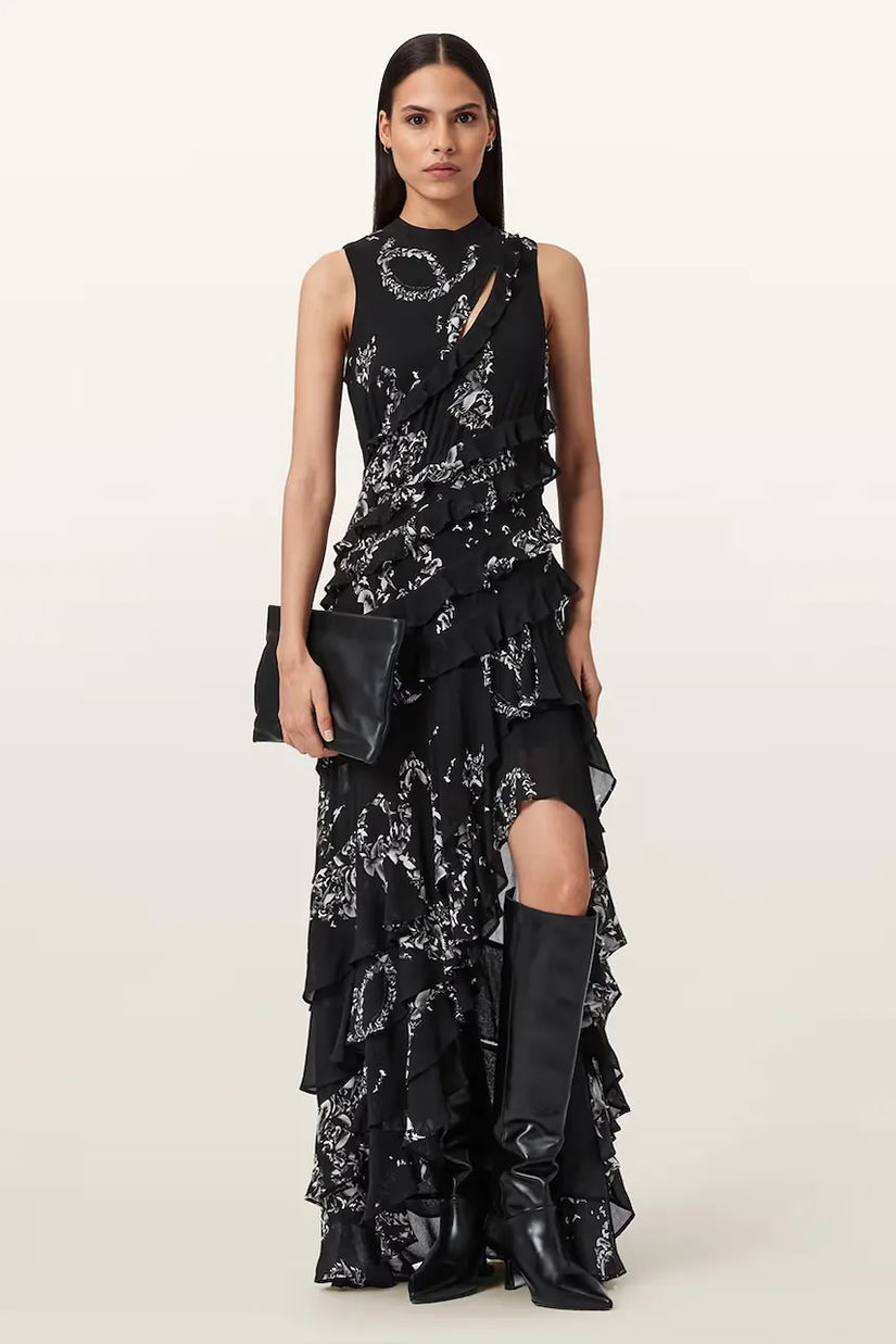AllSaints rochie din viscoză CADY culoarea negru, midi, evazați, W004DD