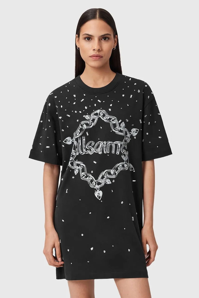 AllSaints rochie din bumbac DRIP culoarea negru, mini, oversize, W082DD