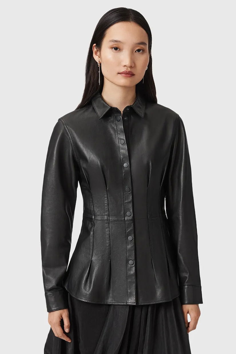 AllSaints cămașă din piele LARSON culoarea negru, cu guler clasic, slim, W034PD