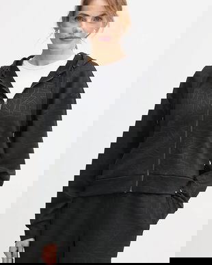 Dkny bluză KNIT JACKET culoarea negru, cu glugă, cu imprimeu, P5ME6CNY