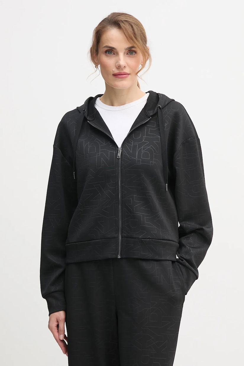 Dkny bluză KNIT JACKET culoarea negru, cu glugă, cu imprimeu, P5ME6CNY