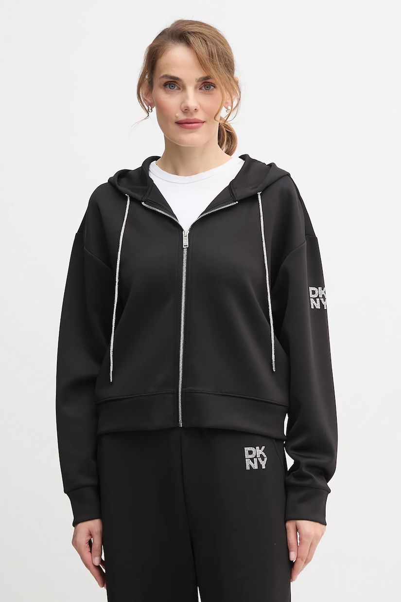 Dkny bluză KNIT JACKET culoarea negru, cu glugă, uni, P5ME7CNY