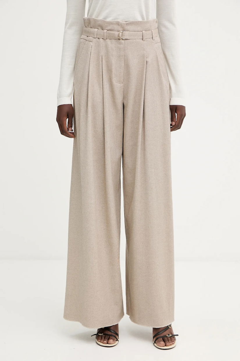Marella pantaloni cu lână culoarea bej, lat, high waist, 2523136192200