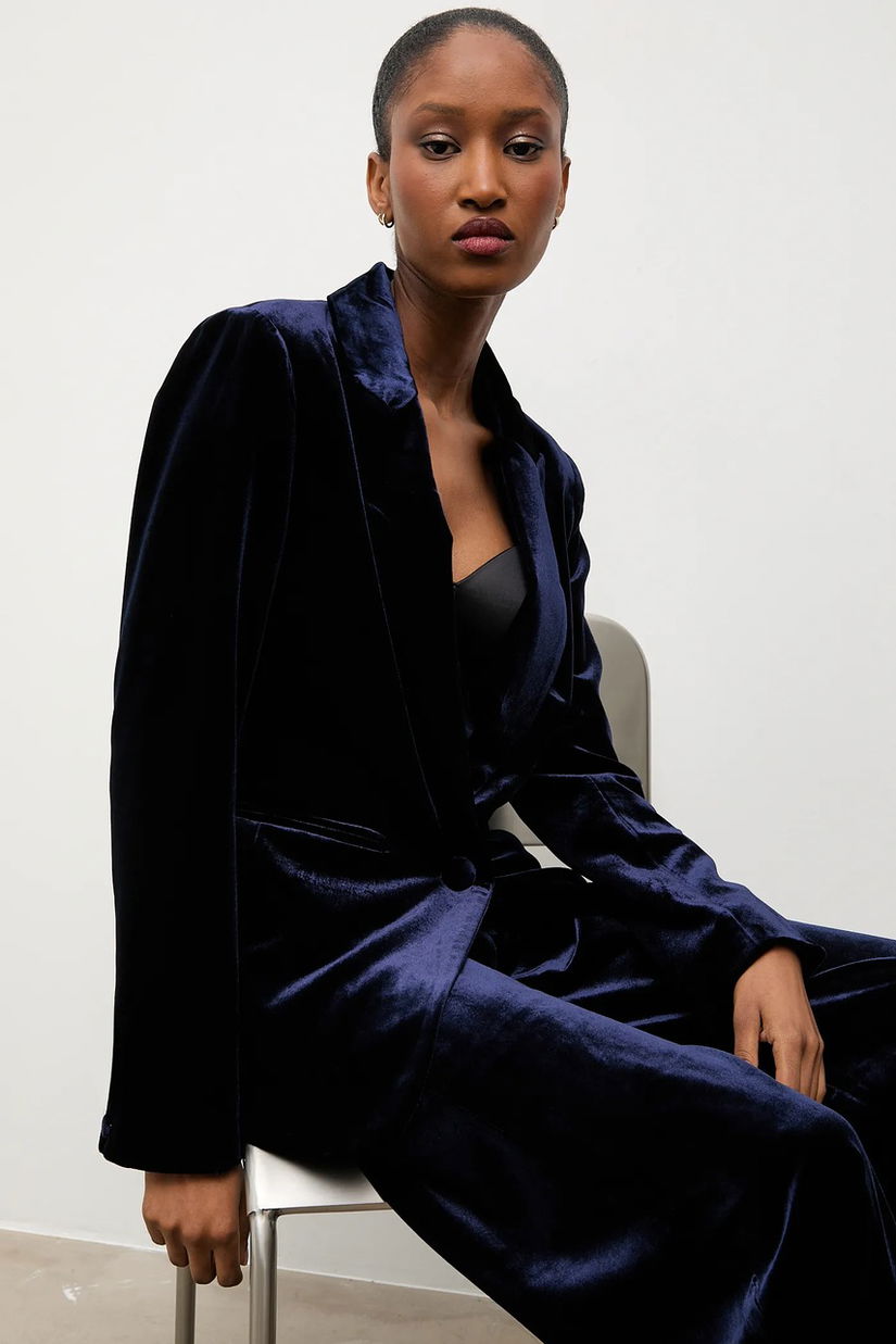 Answear.LAB jachetă de catifea culoarea albastru marin, un singur rand de nasturi, neted