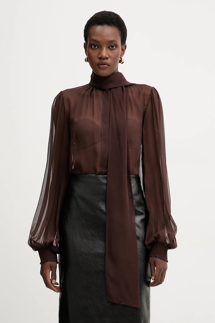 Retrofete cămașă de mătase Hasli culoarea maro, cu un decolteu legat, regular, HL25-10953