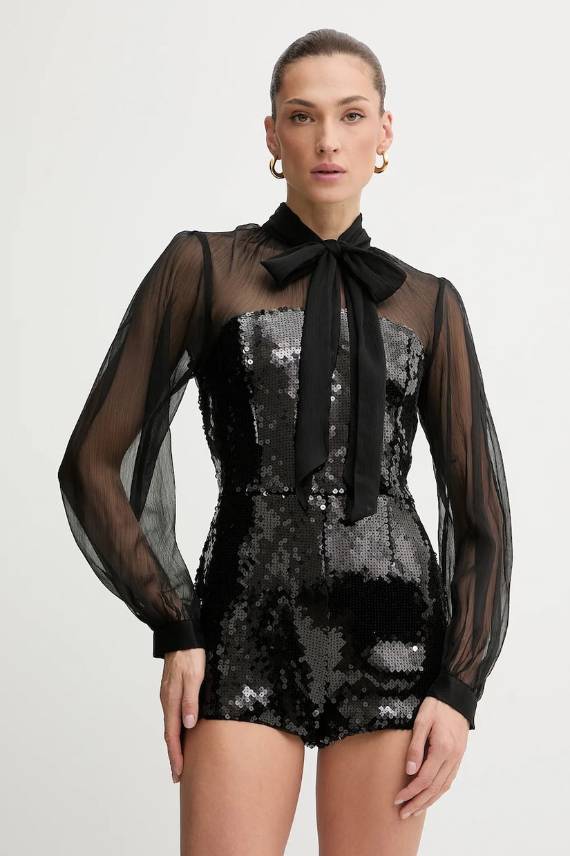 Bardot salopetă culoarea negru, cu decolteu legat, 60089PB