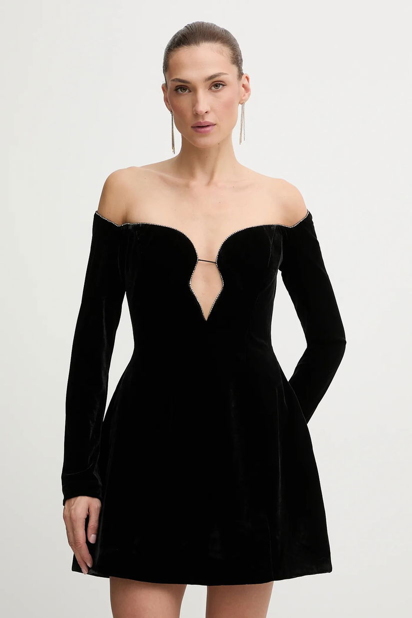 Bardot rochie de catifea culoarea negru, mini, evazați, 60094DB